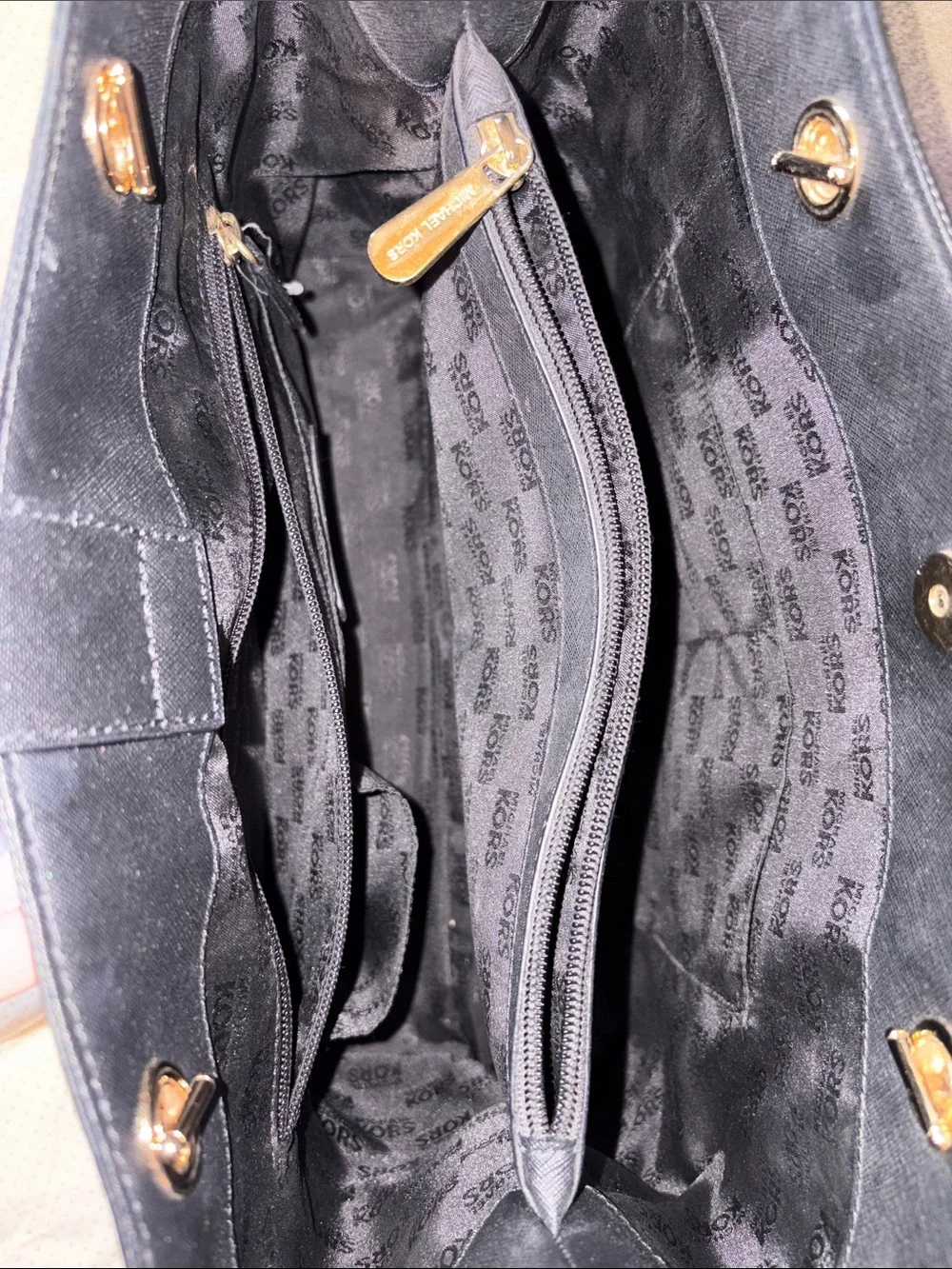 Michael Kors Black Saffiano Leather Tote with Gold Chain Strap and MK Charm